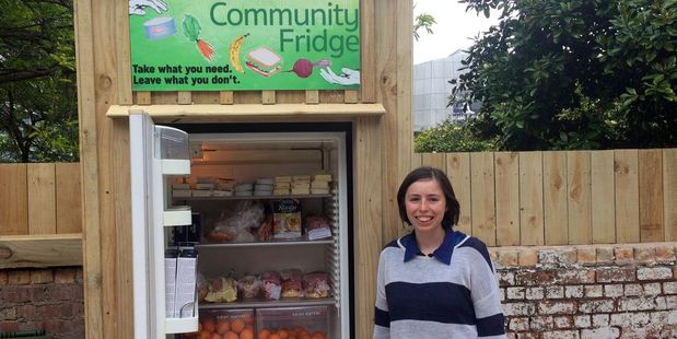 Amanda Chapman and the new Community Fridge which will offer free food for anyone in need in central Auckland. The fridge opens today. Photo / Supplied