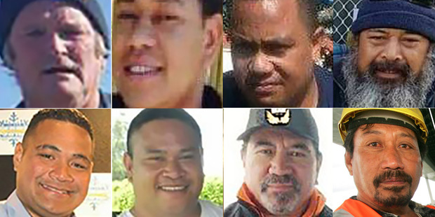 The victims: Top row L-R: Skipper Bill McNatty; Sunia Onga' unga; Alipate Manumu'a; Aue Aria. Bottom row L-R: Tevita Tangi; Fonua Taufa; Fred Marsters; Taulagi Afamasaga
