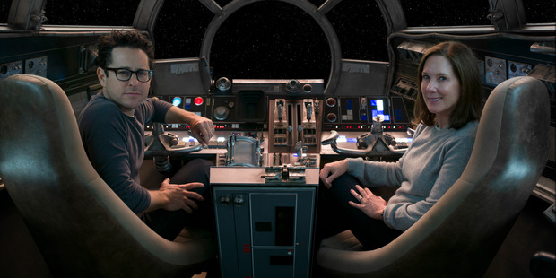 Kathleen Kennedy (right) with Force Awakens director JJ Abrams, has drawn controversy for her recent remarks on female directors. Photo / Supplied