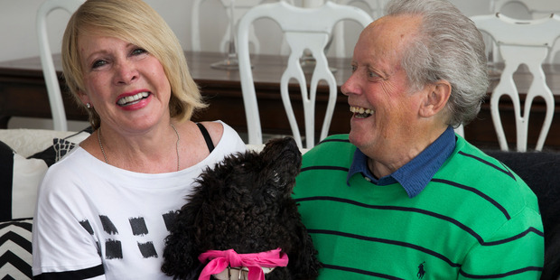 New Zealand entertainer Ray Columbus with wife Linda and their dog Fleur, pictured in their home at Snells Beach, north of Auckland in 2016. Photo / Brett Phibbs