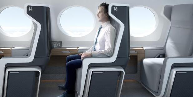 The passenger jet will have a single row of upright chairs on each side of the aircraft. Photo / Supplied