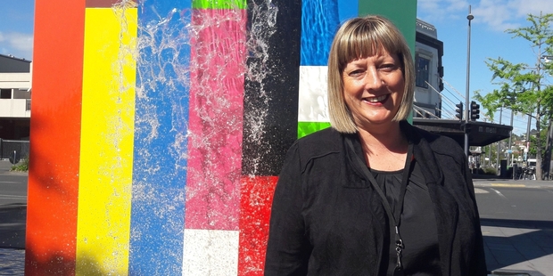 Waikato Museum director Cherie Meecham in front of The Tongue of the Dog sculpture on Victoria St. Photo / Shontelle Campbell