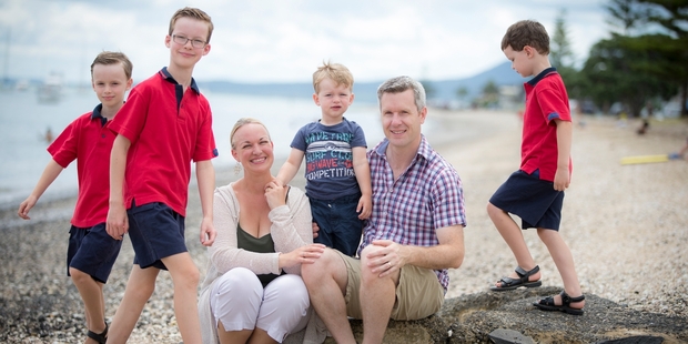 Tracy and Tim Carter with their children, from left, Matteo, 9, Max, 11, Maccario, 3, and Moss, 7. Photo / Michael Craig