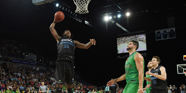 Breakers big man Charles Jackson rises for a slam dunk against the Crocs. Photo / photosport.nz