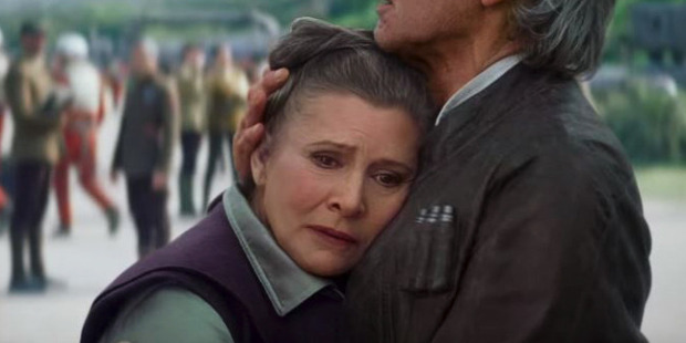 Leia and Han Solo in a scene from The Force Awakens.