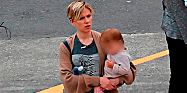Scarlett Johansson with her baby at Miramar's Stone Street Studios in Wellington. Photo / BackGrid
