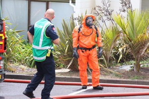 Emergency services attend the sene of a chemical spill at the Dodson Medical Centre on Dodson Ave. Photo / Daniel Hines