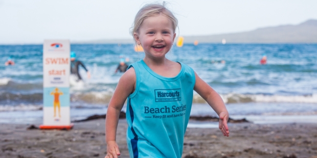 Proud mum Lisa Potts says 3-year-old Grace loves to compete in the 2.5km beach run with older sisters Sofia (5) and Ava (8).
