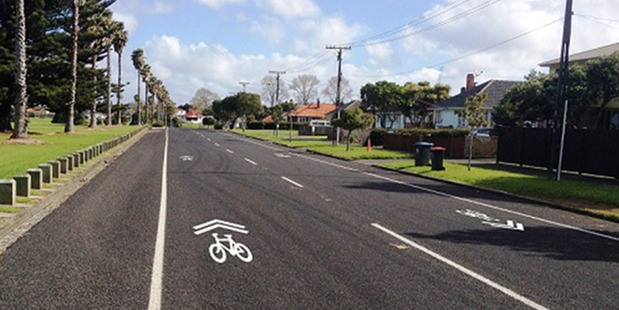 New cycle lane markings called sharrows. They are part of a new trial being undertaken by Auckland Transport. Photo / Supplied by Auckland Transport