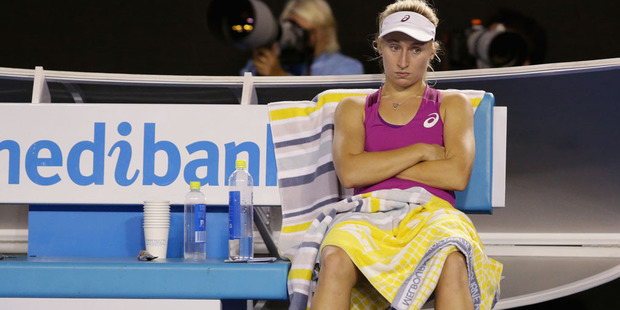 Gavrilova sulks during her fourth round match against Carla Suarez Navarro of Spain. Photo / Getty Images