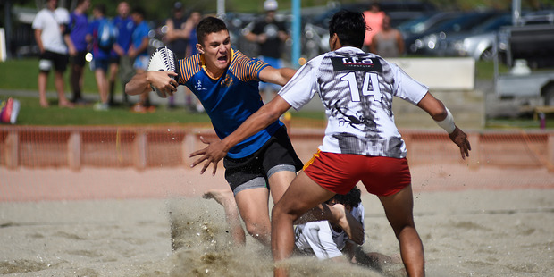 Gonzalo Arias on attack for Tauranga Sports at the Mount Beach 5s tournament at Mount Main Beach on Saturday. Photo / George Novak