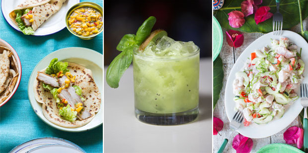 From left: Vanuatu manioc wraps, kiwifruit cocktail, and Tahiti raw fish.