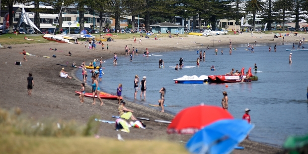Beachgoers at Pilot Bay yesterday. Photo / George Novak