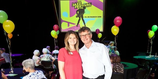 National Jazz Festival director Becks Chambers and National Youth Jazz Competition director Liam Ryan launch the programme of events at Baycourt yesterday. Photo / Andrew Warner