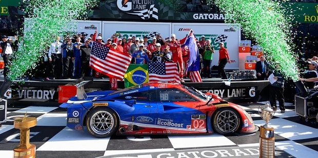 Scott Dixon and his co-drivers celebrate winning last year's 24 Hours of Daytona in a Riley-Ford EcoBoost Daytona Prototype. This year he is joined in the race by four other Kiwis.