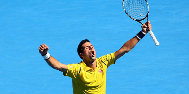 Novak Djokovic celebrates a point in his fourth round match against Gilles Simon. Photo / Getty