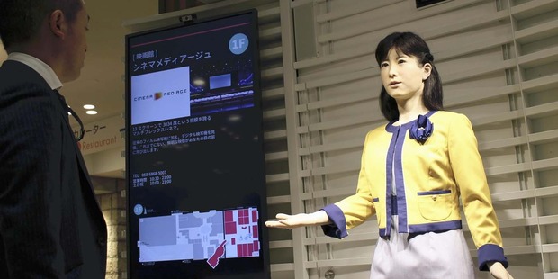 Toshiba's robot Chihira Junko attends to a customer at an information center in Tokyo. Photo / Japan News