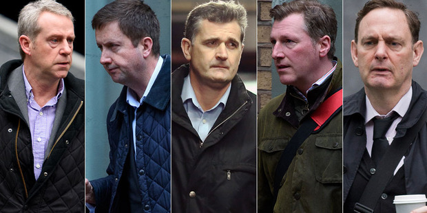 Darrell Read, centre, and the men he was on trial with: James Gilmour, Colin Goodman, Terry Farr and Noel Cryan. Photos / Getty Images