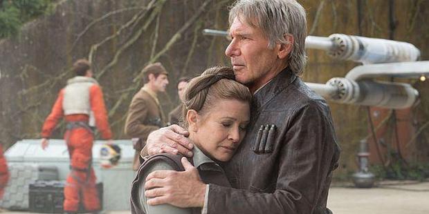 Carrie Fisher as Leia and Harrison Ford as Han Solo in Star Wars: The Force Awakens. Photo / LucasFilms