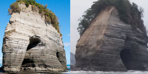 A piece of an iconic North Taranaki rock formation - Elephant Rock - has lost its trunk. On the left, as it used to look. On the right, as it looks now.