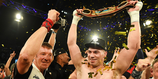 New Zealand heavyweight boxer Joseph Parker celebrates with the WBO belt after defeating Andy Ruiz Jr. Photosport