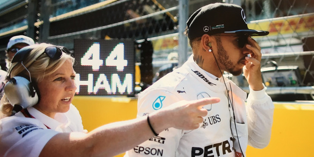Formula 1 Mercedes driver Lewis Hamilton with team physiotherapist Angela Cullen. Photo / Supplied