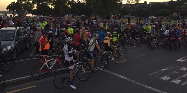 Cyclists gather to ride alongside Lance Armstrong. Photo / Tess Nichol