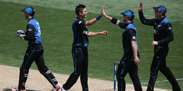 Trent Boult celebrates his wicket of Shoaib Malik. Photo / Photosport