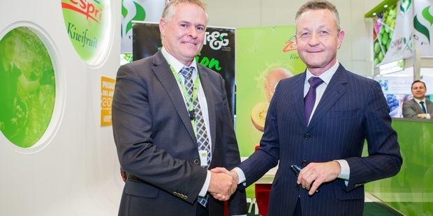 WORKING TOGETHER: Zespri chairman Peter McBride (left) and T&G Global chairman Professor Klaus Josef (right) in Berlin. PICTURE/SUPPLIED
