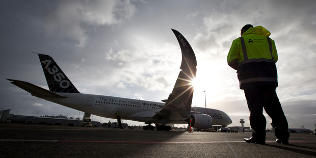 The Airbus A350 XWB test aircraft during its stopover at Auckland International Airport. Photo / Brett Phibbs