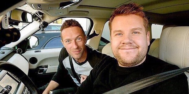 Coldplay singer Chris Martin joins James Corden on a musical road trip. Photo / Twitter