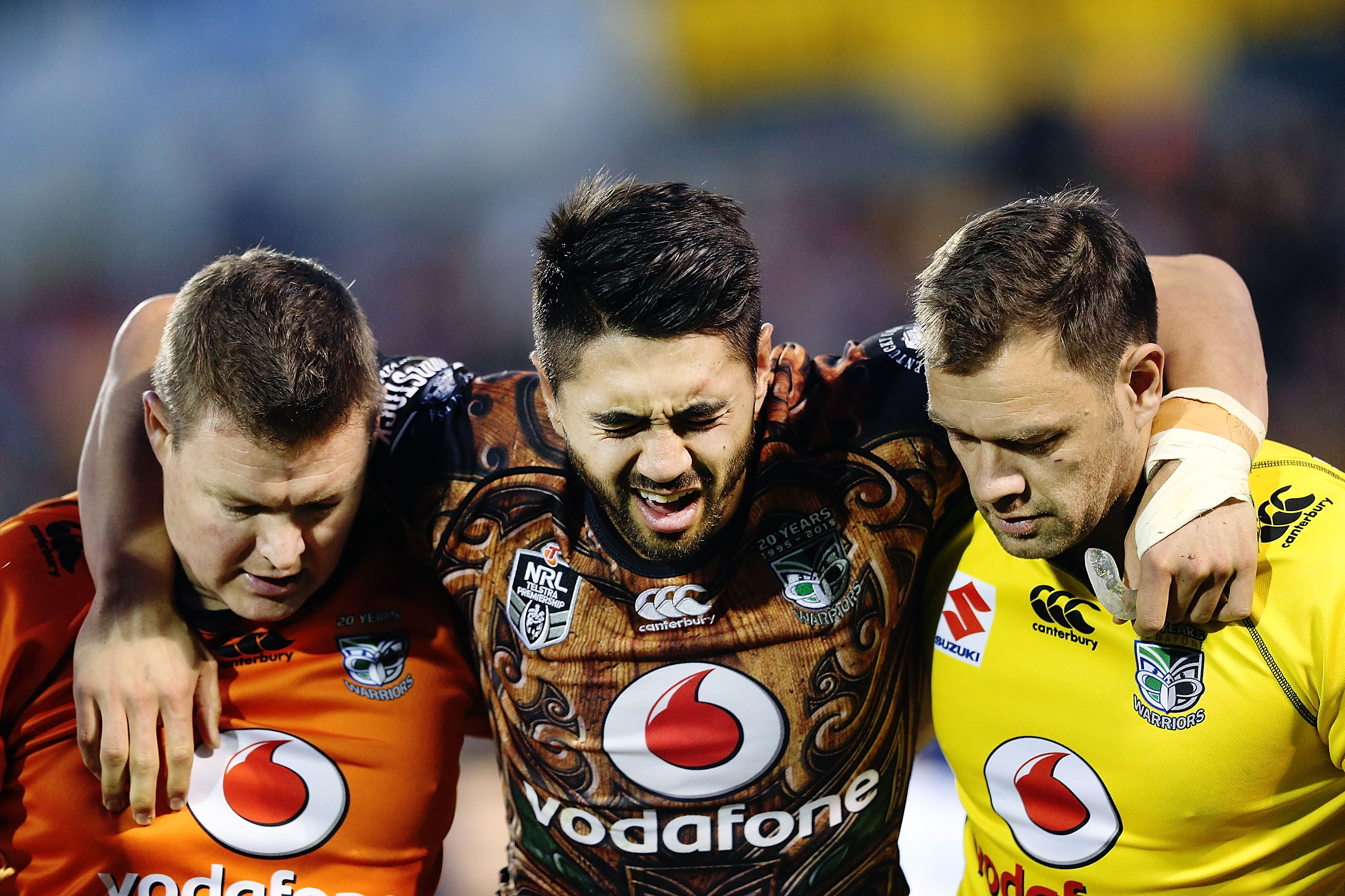 Warriors halfback Shaun Johnson is helped from the field after breaking his ankle against Manly last July. Photo/Getty