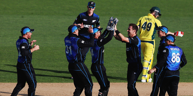 Matt Henry of the Black Caps celebrates the wicket of Steve Smith. Photo / Getty Images