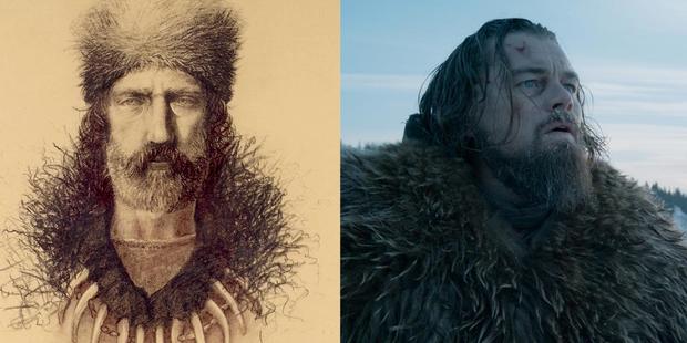 The original fur trapper Hugh Glass, left, in 1830, and as portrayed by Leonardo DiCaprio in The Revenant. Photo / Supplied