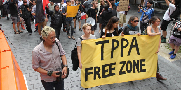 Protesters at the entrance of the SkyCity Convention Centre. Photo / Greg Bowker