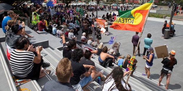 Protesters during their anti-TPP rally at the Wellington Cenotaph. Photo / Mark Mitchell