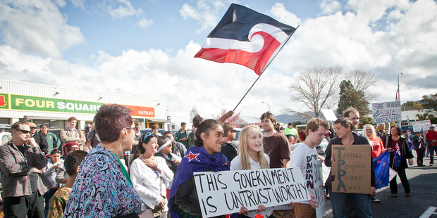 TPP Protest at the Katikati War Memorial Hall where John Key was speaking to invited guests. Photo / Andrew Warner