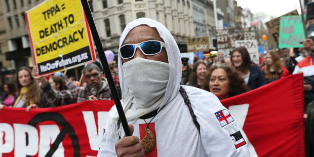 Hundreds of anti-TPP protesters march on the US consulate in Auckland. Photo / NZME