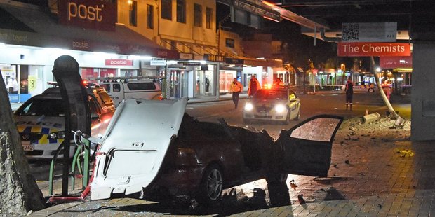 The scene of a crash in the main street of Masterton early Sunday morning that claimed the lives of two teens. PHOTO/FACEBOOK