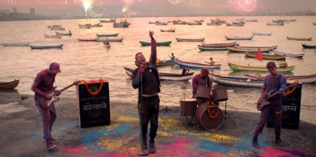 British band Coldplay in a scene from their new music video.