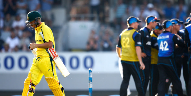 David Warner walks after being given LBW at Eden Park. Photo / Getty