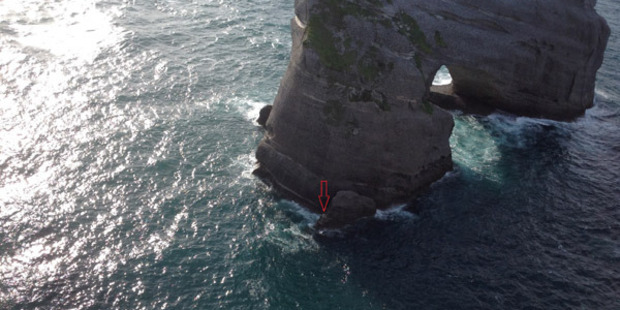 The pair were spotted waving and clinging to a rock. Photo / NELSON MARLBOROUGH RESCUE HELICOPTER