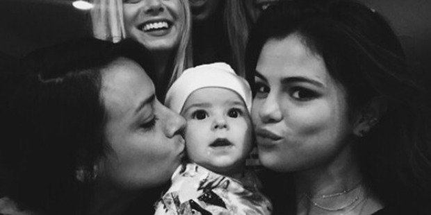 Selena Gomez poses with Brooke Fraser's baby girl, Dylan. Photo / Instagram
