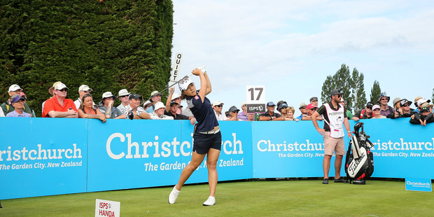 Lydia Ko of New Zealand tees off on the 17th hole during the 2nd round of the New Zealand Women's Open at Clearwater Golf Club. Photo / Getty