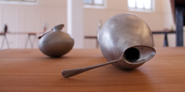 David Clarke's Vessels on their side supported by spoons.