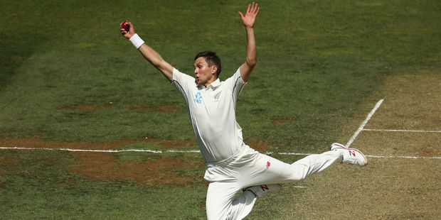 Trent Boult claims the caught and bowled. Photo / Getty