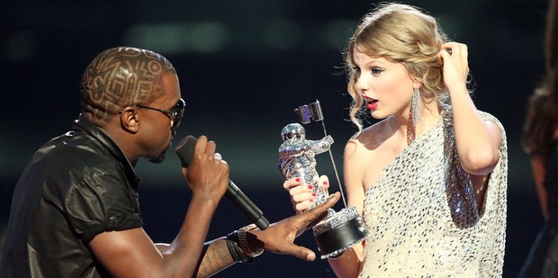 Kanye West jumps onstage after Taylor Swift won the Best Female Video award during the 2009 MTV Video Music Awards. Photo / Getty Images