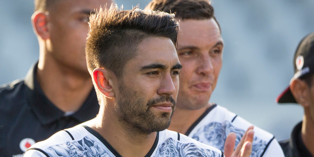 New Zealand Warriors Shaun Johnson congratulates the Parramatta Eels. Photo / Greg Bowker