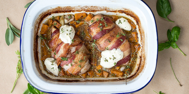 Bacon-wrapped chicken with kumara. Photo / Michael Craig.