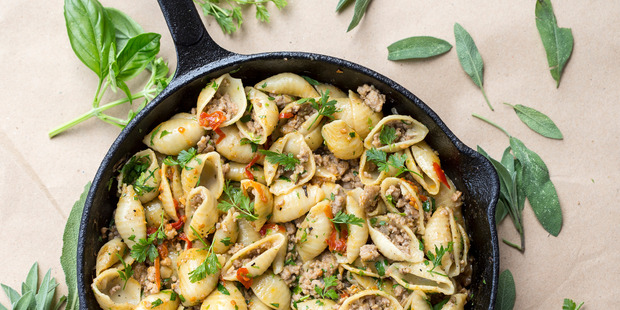 Fennel and pork sausage pasta. Photo / Michael Craig.